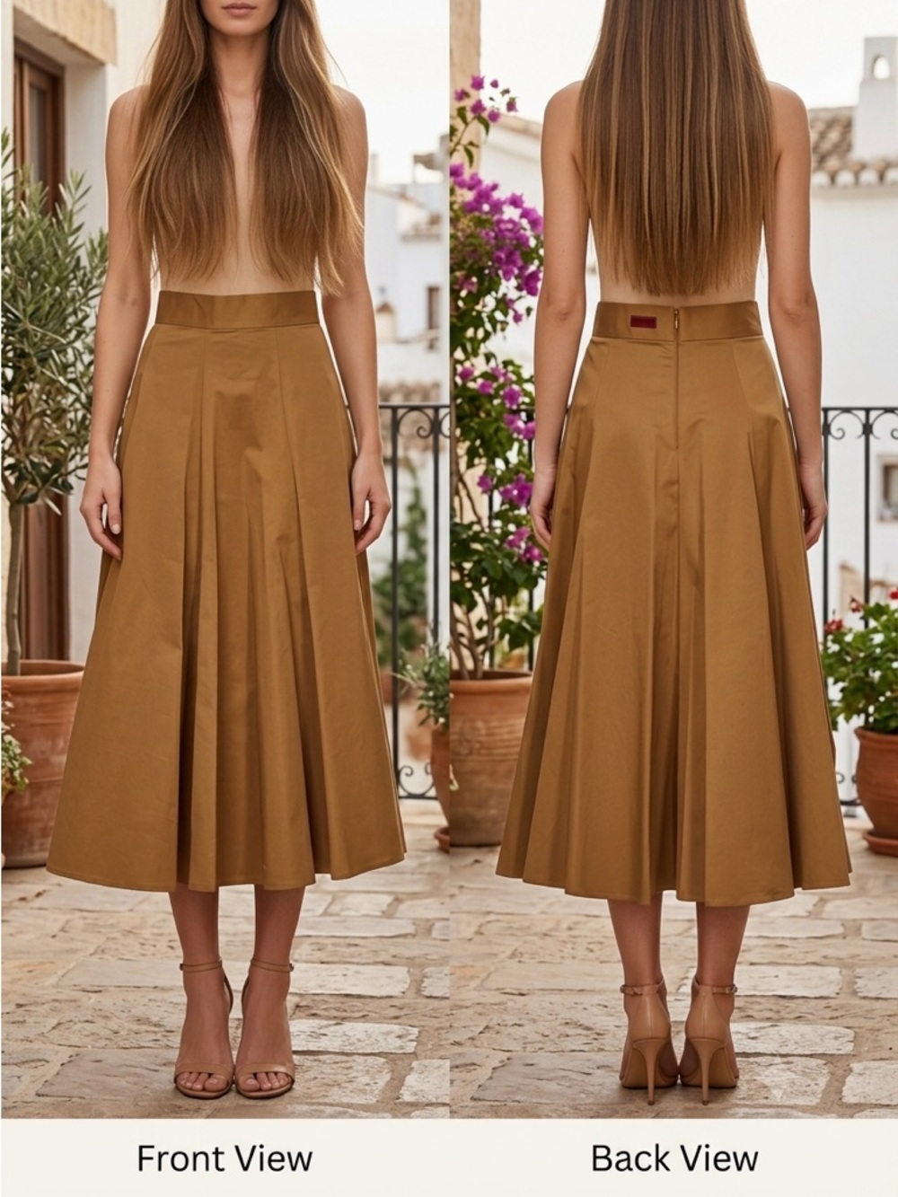 DSQUARED2 Stretch Cotton Pleat Midi Skirt Logo Back Made in Italy 42 Size US6
